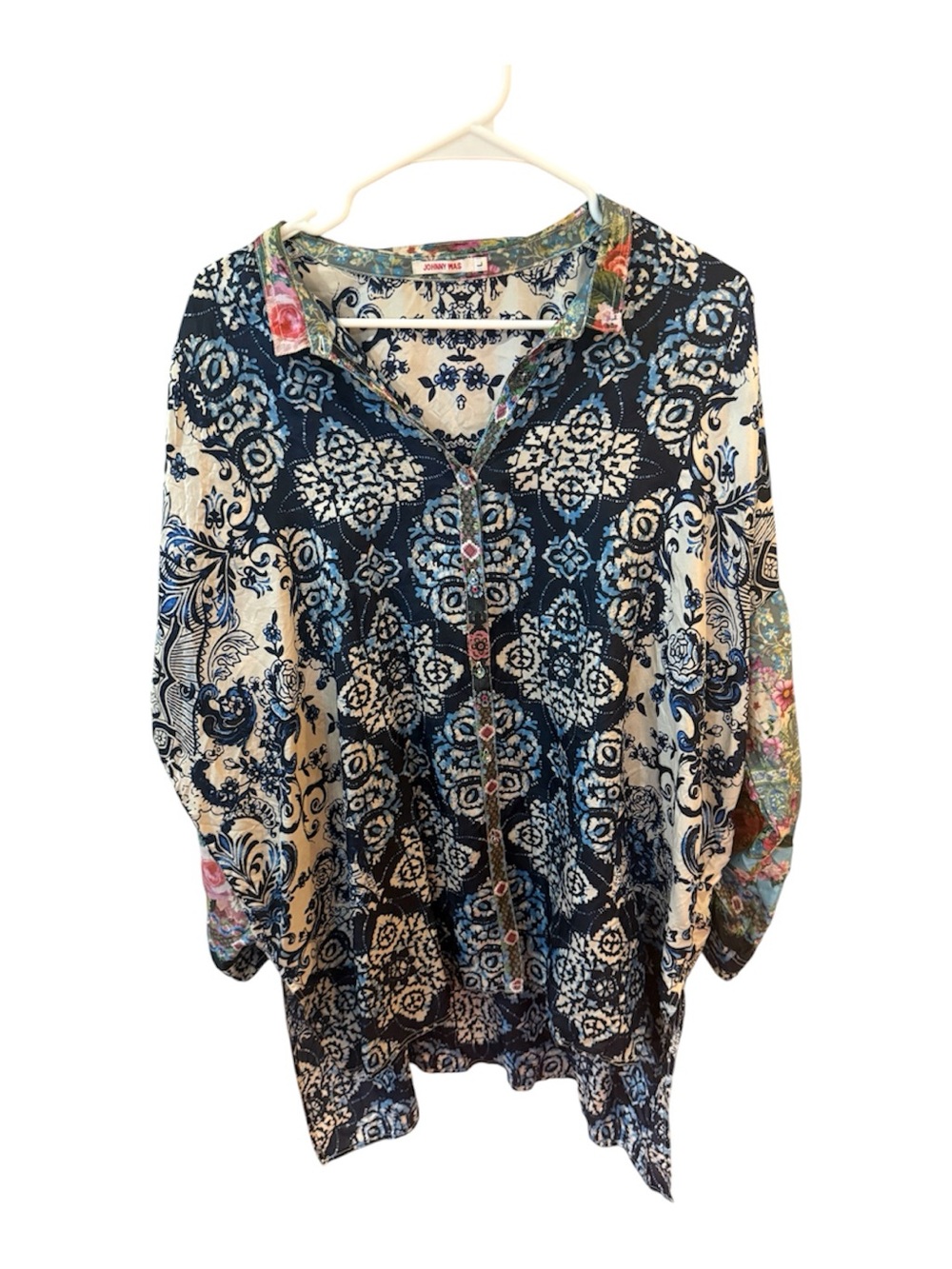 Johnny Was Silk Short sleeve button down floral batik flowy boho shirt L - Picture 2 of 8